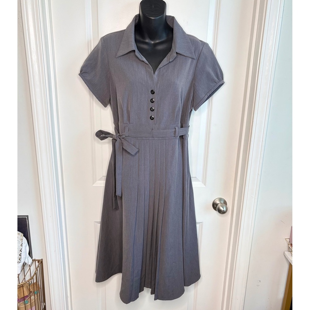 Robbie Bee Dress Women's 14‎ Gray Pleated Midi Dark Academia Belted Shirtdress